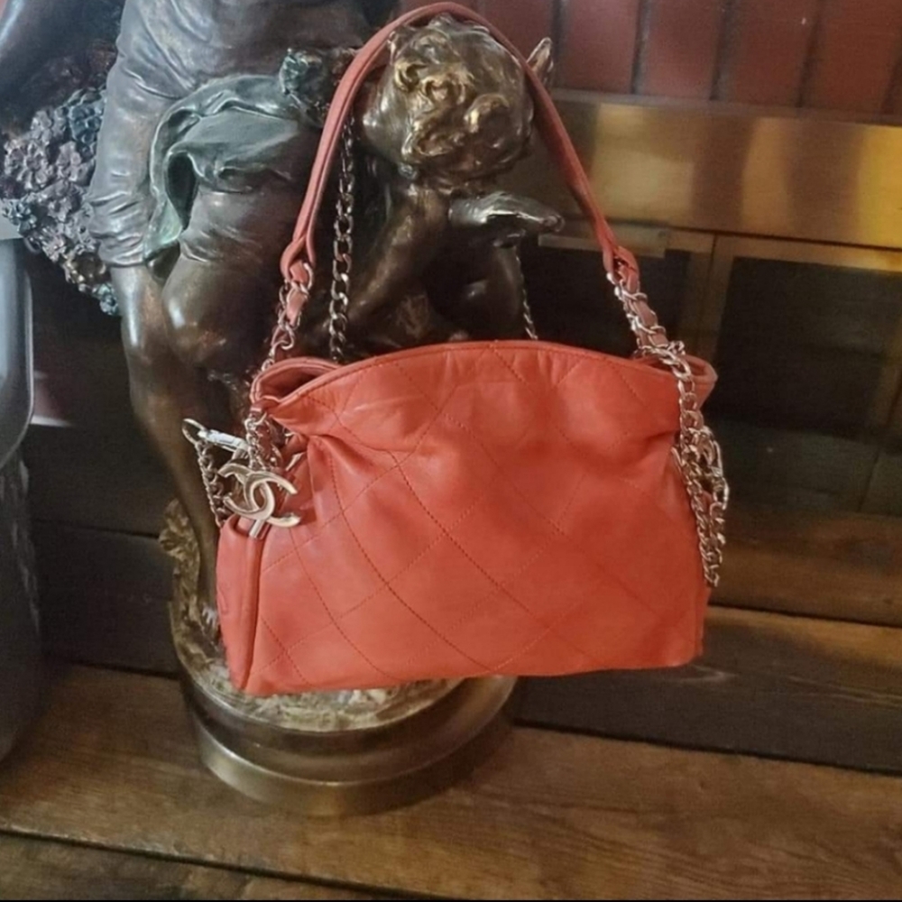 CHANEL Salmon Coral flap lambskin crossbody bag RARE COLOR